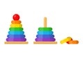 Assembled and disassembled colorful pyramid toy. Building stack up ring tower. Single toddler training educational toy