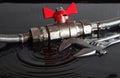 Assembled flexible fittings, ball valve, union and adjustable wrench in water Royalty Free Stock Photo