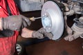 Assembler mounts new brake disc in a car repair Royalty Free Stock Photo