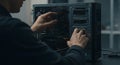assembling a custom pc: a close-up view of hands working inside a computer case, showcasing the intricacies of pc building and rep Royalty Free Stock Photo