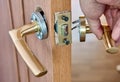Assembling lever door handle with latch for an interior door. Royalty Free Stock Photo