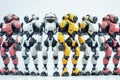 Assembly of Advanced Bipedal Robots in Red, White, and Yellow