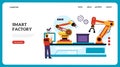 Assembly engineer landing page. Factory production line with robotic hands. Manipulators operator. Worker controls