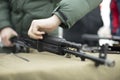 Assembly of Kalashnikov assault rifle. Details of military training in Russia. Firearms shooting lesson