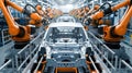 Assembly line with automated robots assembling car frames