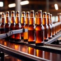 Assembly line bottling plant with glass beer bottles, alcoholic beverage manufacturing production