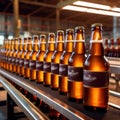 Assembly line bottling plant with glass beer bottles, alcoholic beverage manufacturing production