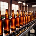 Assembly line bottling plant with glass beer bottles, alcoholic beverage manufacturing production