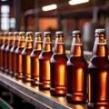 Assembly line bottling plant with glass beer bottles, alcoholic beverage manufacturing production