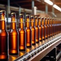 Assembly line bottling plant with glass beer bottles, alcoholic beverage manufacturing production