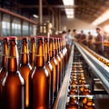 Assembly line bottling plant with glass beer bottles, alcoholic beverage manufacturing production