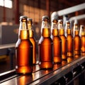 Assembly line bottling plant with glass beer bottles, alcoholic beverage manufacturing production