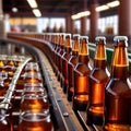 Assembly line bottling plant with glass beer bottles, alcoholic beverage manufacturing production