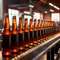 Assembly line bottling plant with glass beer bottles, alcoholic beverage manufacturing production