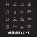 Assembly line editable line icons vector set on black background. Assembly line white outline illustrations, signs Royalty Free Stock Photo