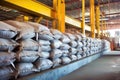 assembly line of empty cement bags