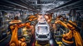 assembly line in a factory where robots are welding a car body. The scene captures the precision and efficiency