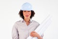 Assertive female architect with blueprints