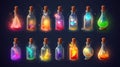 Asset Icon, Magic game bottles. Chemistry potion. Alchemy jar or vial. Poison antidote elixir with cork for laboratory. Luck and