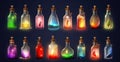 Asset Icon, Magic game bottles. Chemistry potion. Alchemy jar or vial. Poison antidote elixir with cork for laboratory. Luck and