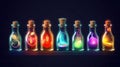 Asset Icon, Magic game bottles. Chemistry potion. Alchemy jar or vial. Poison antidote elixir with cork for laboratory. Luck and