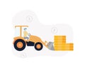 Asset Management. Illustration a man-driven tractor with a bucket carries coins, dollar signs are on the background
