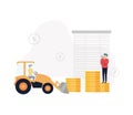 Asset Management. Illustration a man-driven tractor with a bucket carries coins, a man standing nearby with a bullhorn