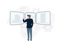 Asset Management. Illustration of a man standing near the screens on which the house, diagram, data, on the background Royalty Free Stock Photo