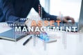 Asset management on the virtual screen. Business concept. Words cloud. Royalty Free Stock Photo