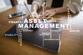 Asset management on the virtual screen. Business concept. Words cloud. Royalty Free Stock Photo