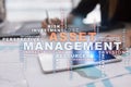 Asset management on the virtual screen. Business concept. Words cloud. Royalty Free Stock Photo