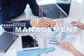 Asset management on the virtual screen. Business concept. Words cloud. Royalty Free Stock Photo