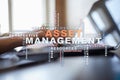 Asset management on the virtual screen. Business concept. Words cloud. Royalty Free Stock Photo