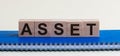 ASSET word written on wooden blocks black font on background blu notepad