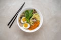 Assian vegan soup with noodles, vegetable broth, mushrooms, eggs, carrots and choi sum leaves. Royalty Free Stock Photo