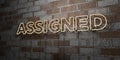 ASSIGNED - Glowing Neon Sign on stonework wall - 3D rendered royalty free stock illustration