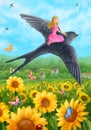 swallow rescues Thumbelina. Summer nature. sunflower Royalty Free Stock Photo