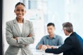 Assistant, intern andor training business woman looking proud, confident and motivated before a boardroom team meeting