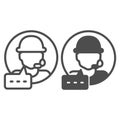 Assistant man with microphone and dialog line and solid icon, neural dataset concept. Vector graphics. Support program