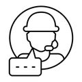 Assistant man with microphone and dialog thin line icon, neural dataset concept. Vector graphics. Support program data Royalty Free Stock Photo
