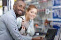assistant seller help buyer at hardware store Royalty Free Stock Photo