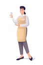 Assistant working in eco cosmetics shop. Woman offering cream product in hand vector illustration. Young happy girl in