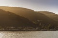 Warm sunrise light over the Rhine river and the village Assmannshausen Royalty Free Stock Photo