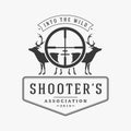 Association hunters with deer in sight vector logo. Prey horned silhouettes with vintage beacons symbol old traditions