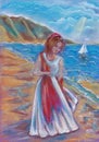 Assol - the girl on the Bay in the background sailing ship. Good pastel drawing for interior design. Royalty Free Stock Photo