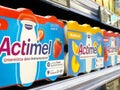 Assorted actimel yogurt bottles on store shelf showcasing flavors and nutritional benefits Royalty Free Stock Photo