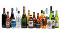 Assorted alcoholic beverage bottles and cans for commercial use white background white background Royalty Free Stock Photo