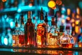 Bottles of various alcoholic beverages on a bar Royalty Free Stock Photo