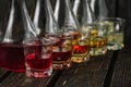 Assorted alcoholic cordials in glasses and decanters with Christmas decorations Royalty Free Stock Photo