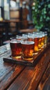 Assorted ales presented in a beer flight sampler, ready for a tasting session at a craft brewery Rich colors, inviting textures Royalty Free Stock Photo